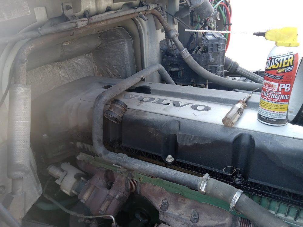 Volvo engine with penetrating fluid during an exhaust and turbo repair